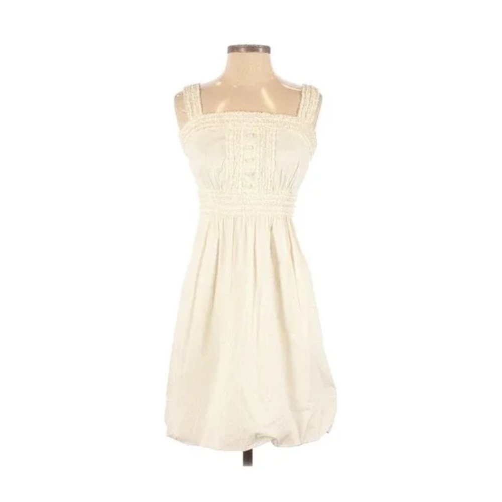 BCBG MaxAzria Bubble Hem Ivory Dress with Pockets, Ruffle Details and Bow, XS